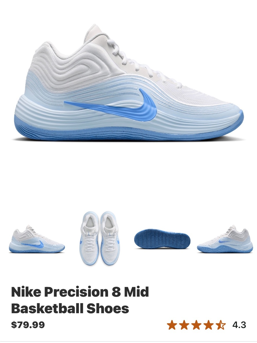 ISO Nike Mid-Top Basketball Shoes — White & Light Blue Men’s 5.5/women’s 7